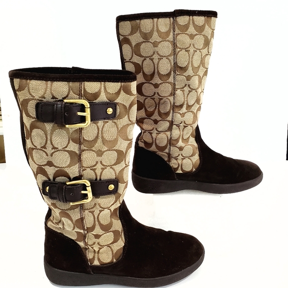 Coach Tinah Brown Leather "C" Logo Pattern Canvas Mid Calf Pull On Boots Size 5B - Picture 6 of 16